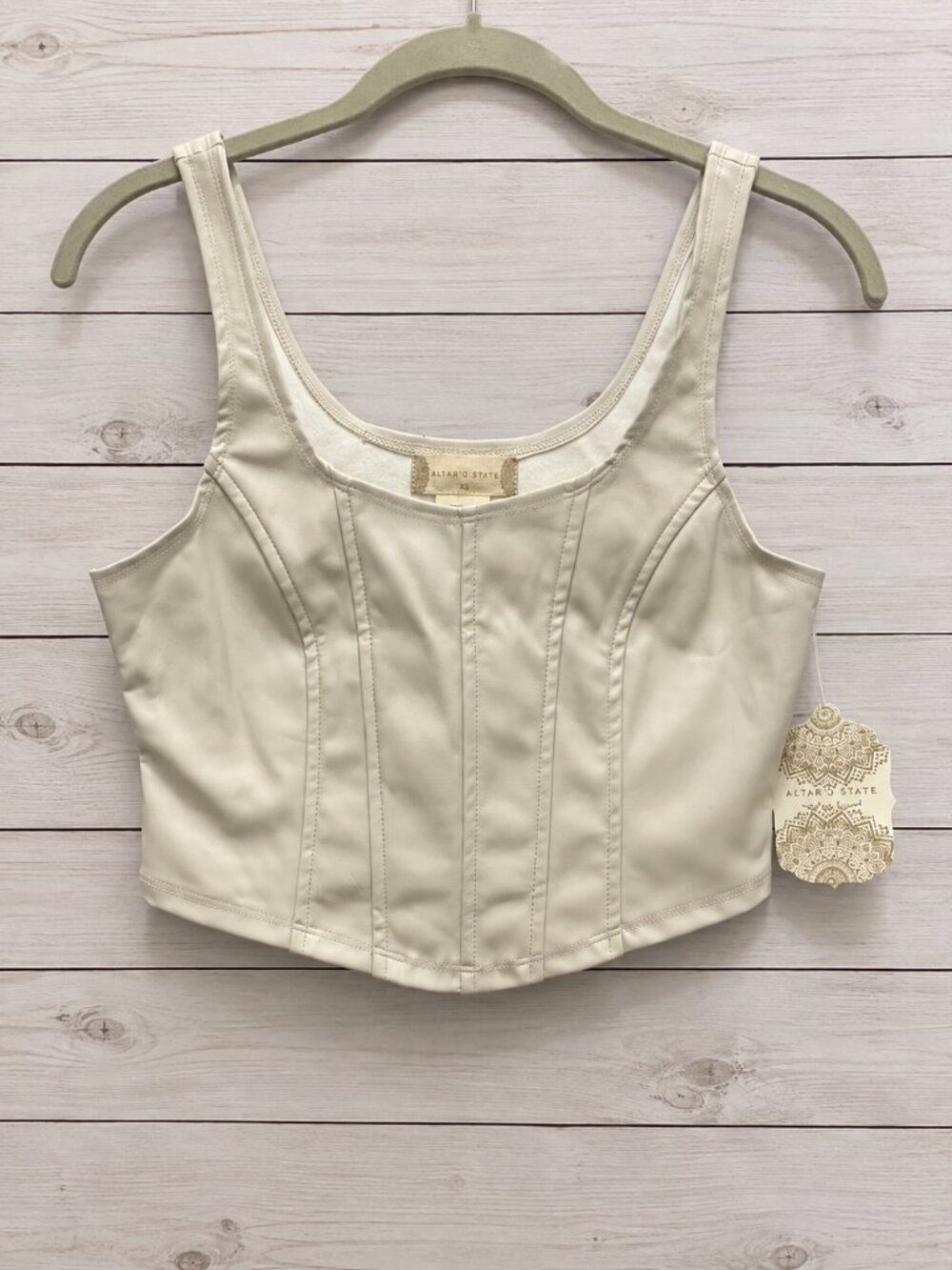 NWT Altar'd State Faux Leather Corset Crop Top XS Wind Chime Ivory